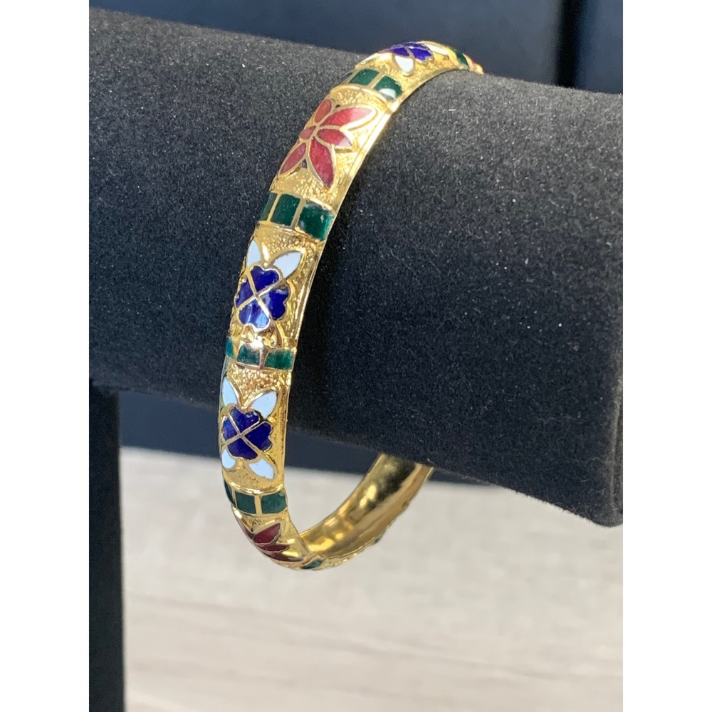 Vintage Gold Tone Cloisonne Enamel Floral Bangle Bracelet Red Blue Green 8 Inch